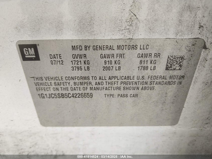 2012 CHEVROLET SONIC VIN: 1G1JC5SB5C4226659