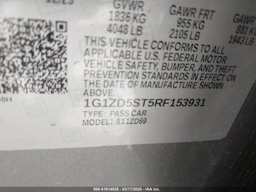 2024 CHEVROLET MALIBU VIN: 1G1ZD5ST5RF153931