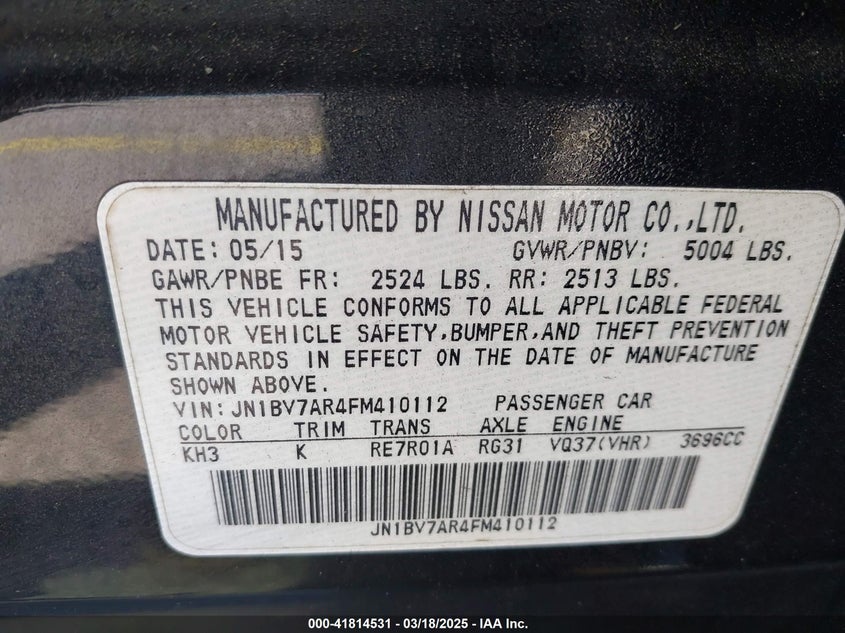 2015 INFINITI Q50 VIN: JN1BV7AR4FM410112