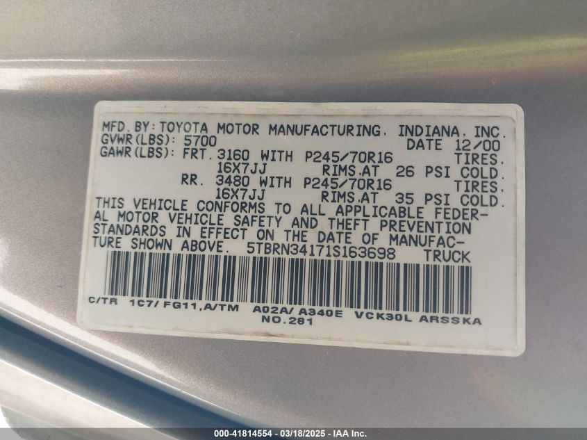 2001 Toyota Tundra Sr5 VIN: 5TBRN34171S163698 Lot: 41814554