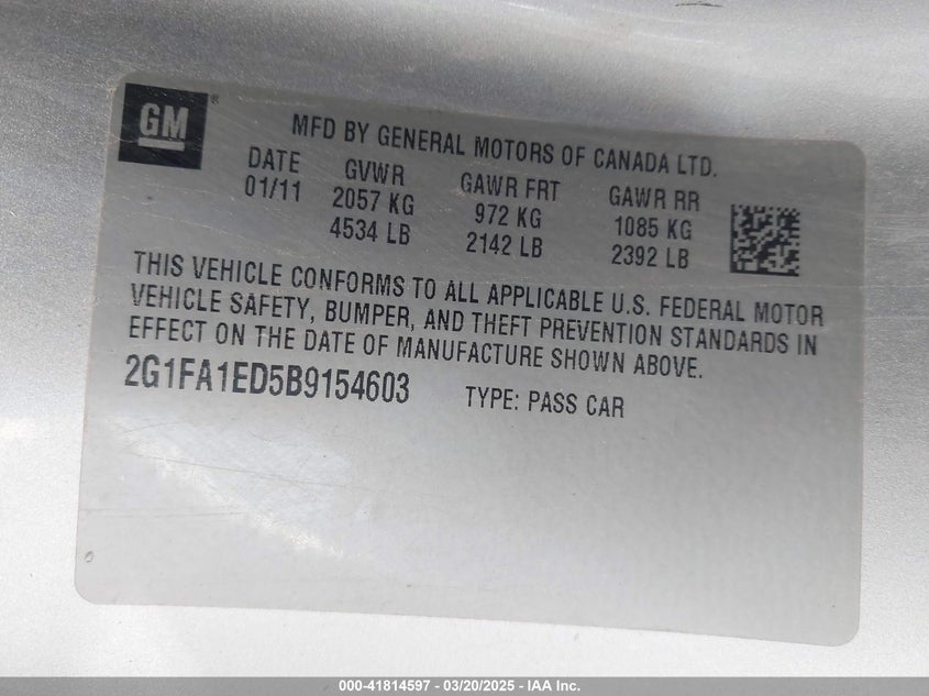 2011 CHEVROLET CAMARO VIN: 2G1FA1ED5B9154603