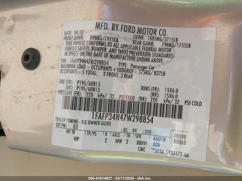 2007 FORD FOCUS VIN: 1FAFP34N47W298854