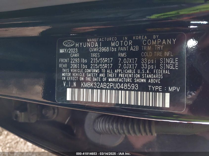 2023 Hyundai Kona Sel VIN: KM8K32AB2PU048593 Lot: 41814653