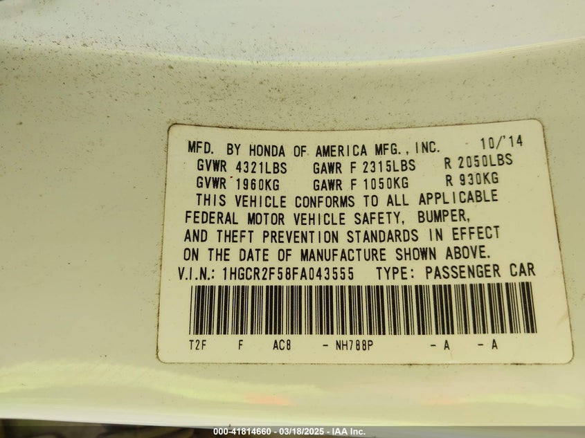 2015 HONDA ACCORD VIN: 1HGCR2F58FA043555