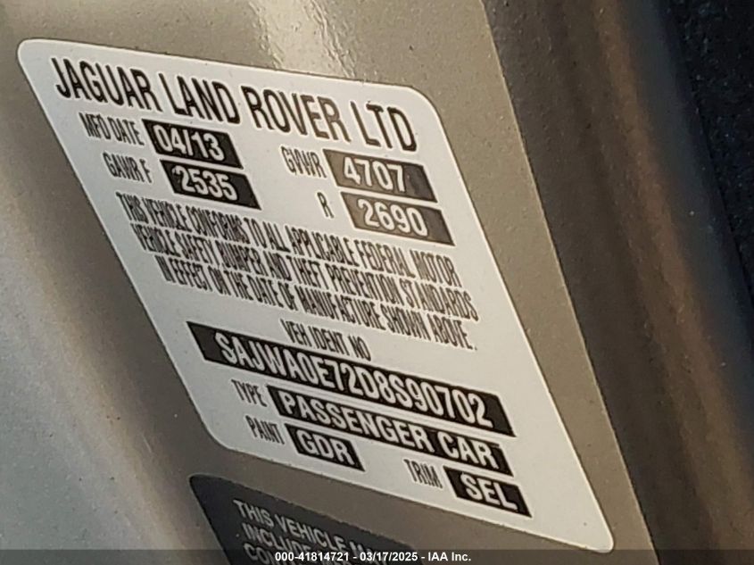 2013 Jaguar Xf V6 Sc VIN: SAJWA0E72D8S90702 Lot: 41814721