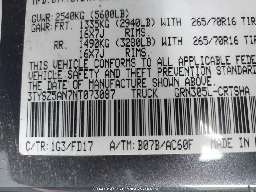 2022 TOYOTA TACOMA 3.5L V-6 DI, DOHC, V(VIN: 3TYSZ5AN7NT073087