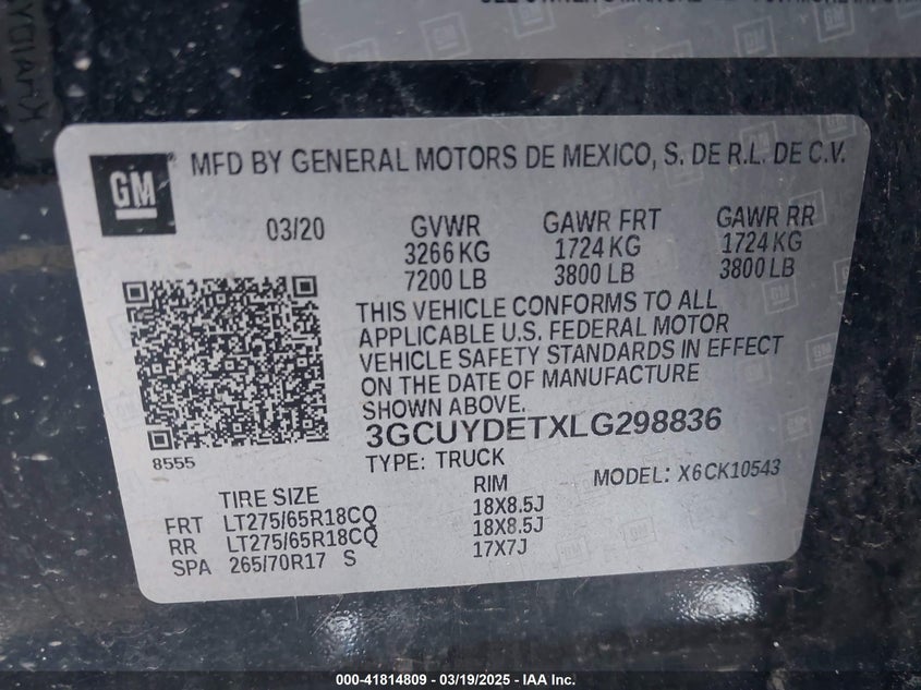 2020 CHEVROLET SILVERADO 1500 VIN: 3GCUYDETXLG298836