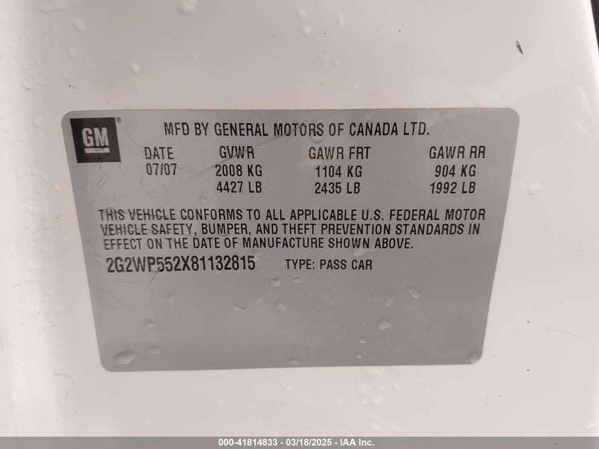 2008 PONTIAC GRAND PRIX VIN: 2G2WP552X81132815