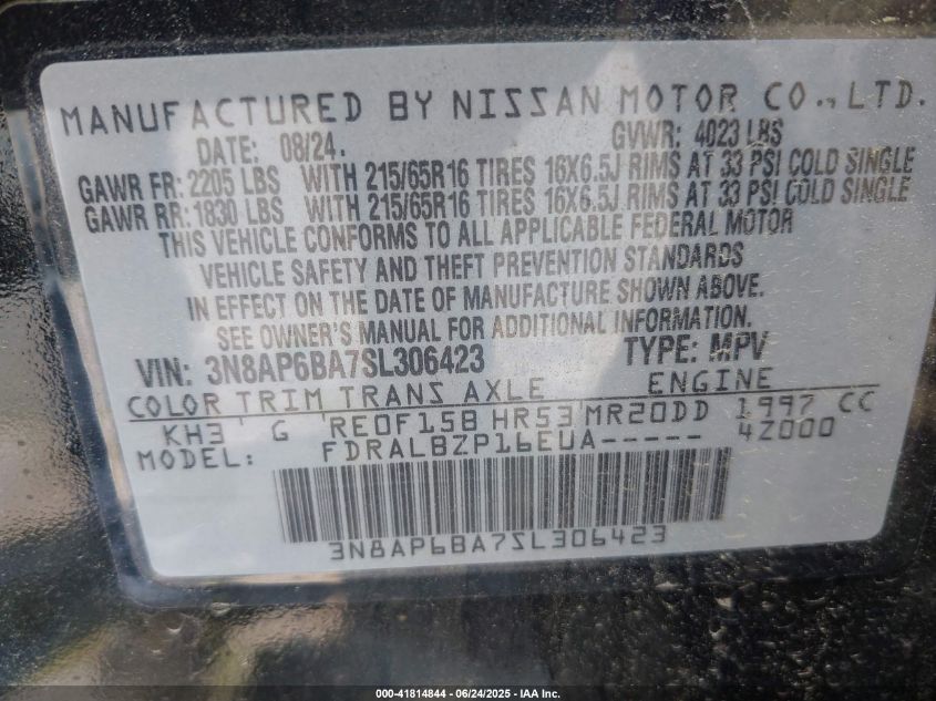 2025 Nissan Kicks S Fwd VIN: 3N8AP6BA7SL306423 Lot: 41814844