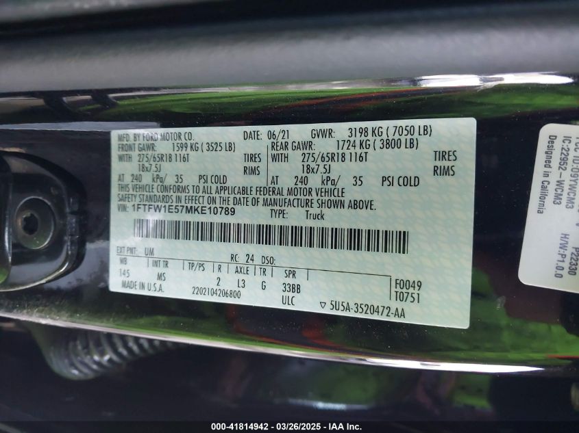 2021 Ford F-150 Xlt VIN: 1FTFW1E57MKE10789 Lot: 41814942