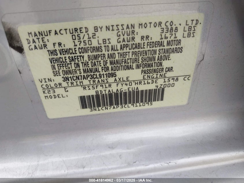 2012 NISSAN VERSA VIN: 3N1CN7AP3CL911095