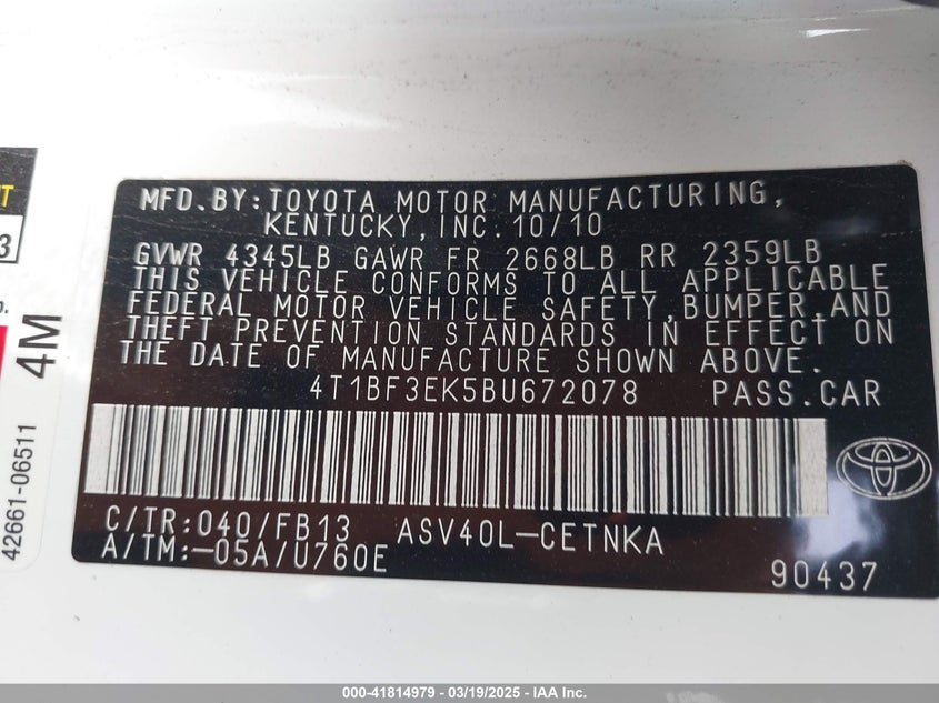 2011 TOYOTA CAMRY VIN: 4T1BF3EK5BU672078