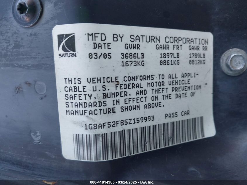 2005 Saturn Ion 1 VIN: 1G8AF52F85Z159993 Lot: 41814985