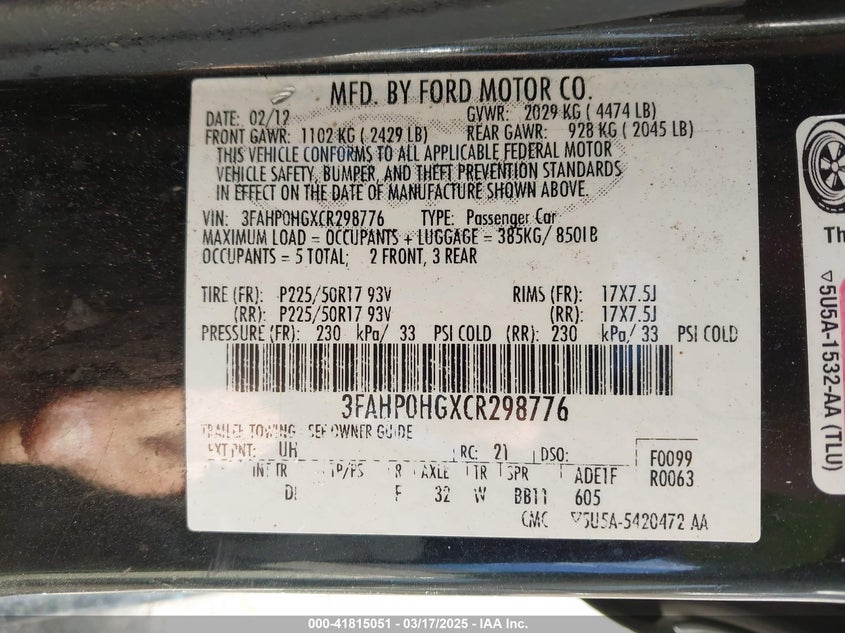 2012 FORD FUSION VIN: 3FAHP0HGXCR298776