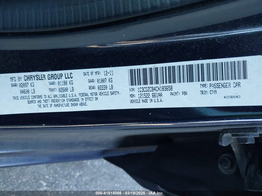 2012 DODGE AVENGER VIN: 1C3CDZCB4CN183658