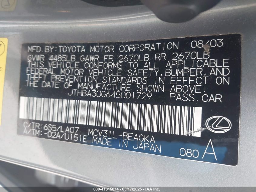 2004 Lexus Es 330 VIN: JTHBA30G645001729 Lot: 41815074