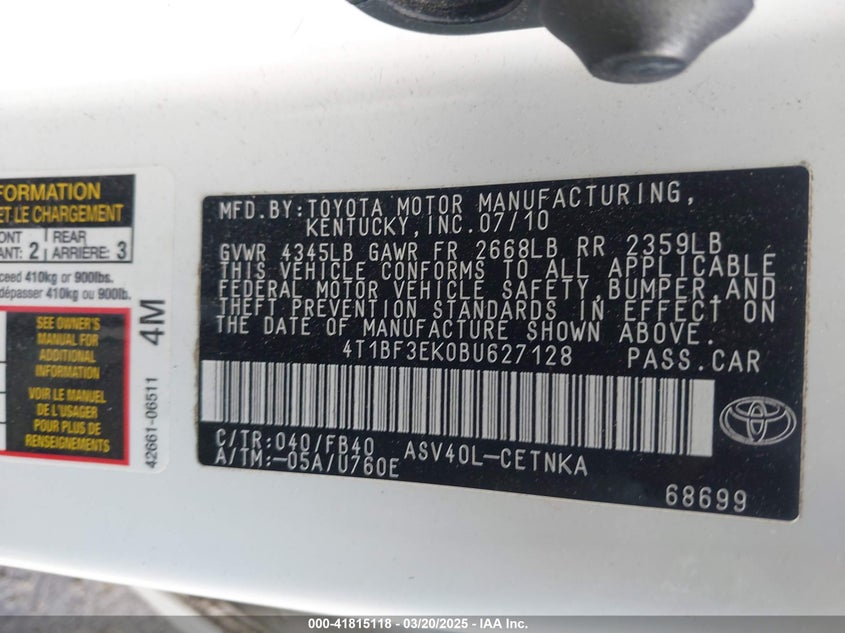 2011 TOYOTA CAMRY VIN: 4T1BF3EK0BU627128