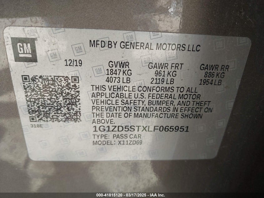 2020 CHEVROLET MALIBU VIN: 1G1ZD5STXLF065951