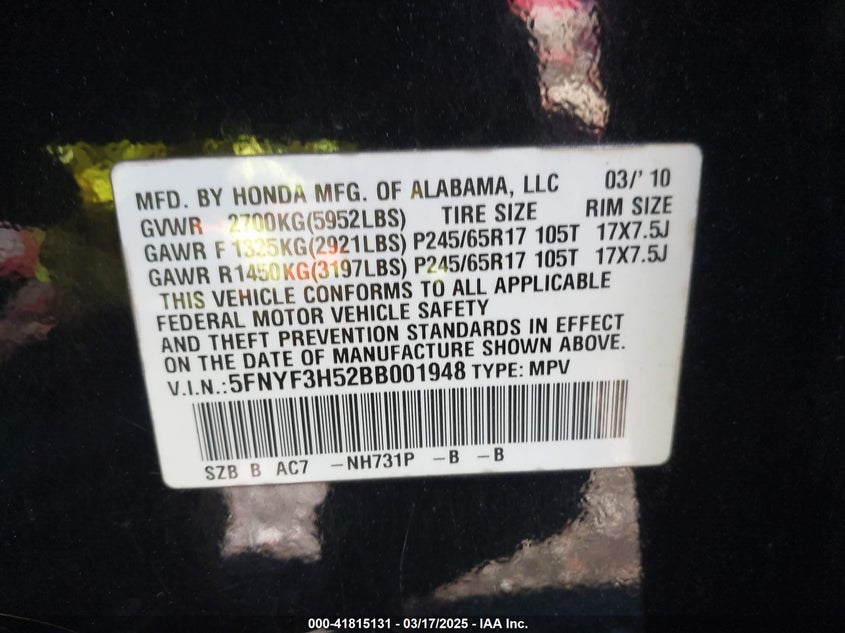2011 HONDA PILOT VIN: 5FNYF3H52BB001948
