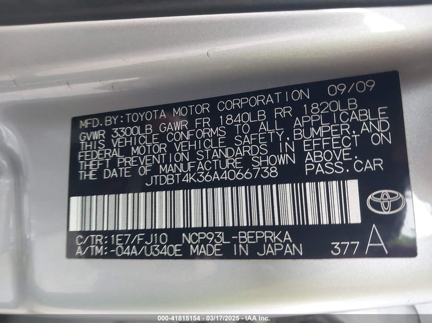 2010 TOYOTA YARIS VIN: JTDBT4K36A4066738