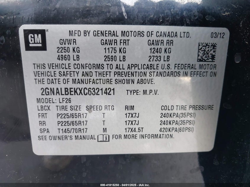 2012 CHEVROLET EQUINOX VIN: 2GNALBEKXC6321421