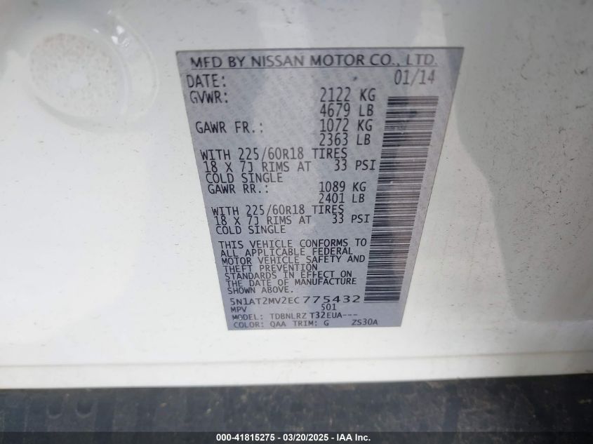 2014 Nissan Rogue Sl VIN: 5N1AT2MV2EC775432 Lot: 41815275