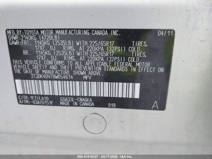 2011 Toyota Rav4 Limited V6 VIN: 2T3DK4DV7BW054614 Lot: 41815327