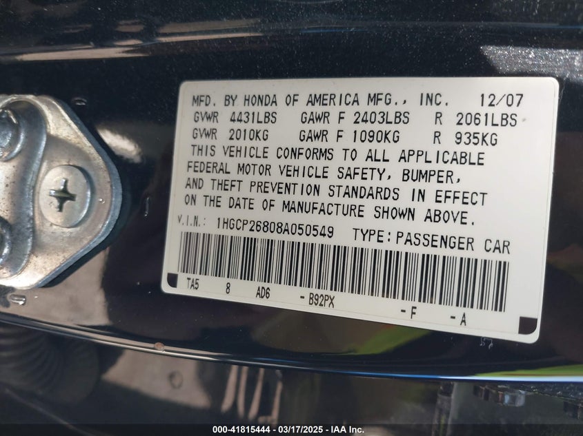 2008 HONDA ACCORD VIN: 1HGCP26808A050549