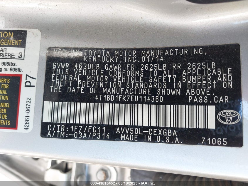 2014 TOYOTA CAMRY HYBRID XLE - 4T1BD1FK7EU114360