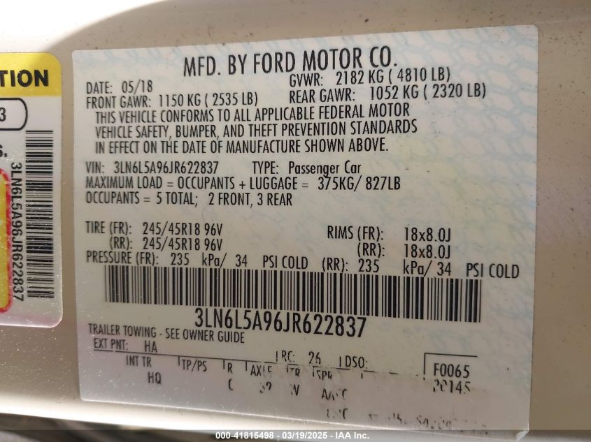 2018 Lincoln Mkz Premiere VIN: 3LN6L5A96JR622837 Lot: 41815498