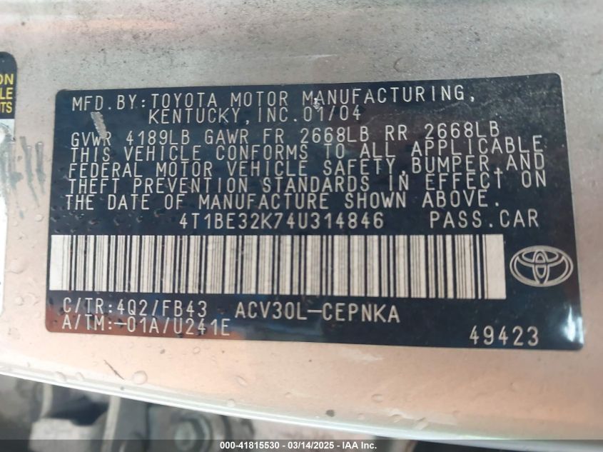 2004 Toyota Camry Le VIN: 4T1BE32K74U314846 Lot: 41815530