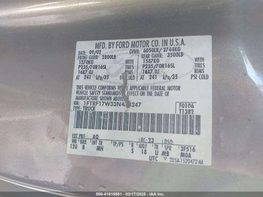 2003 Ford F-150 Xl/Xlt VIN: 1FTRF17W33NA33247 Lot: 41815581