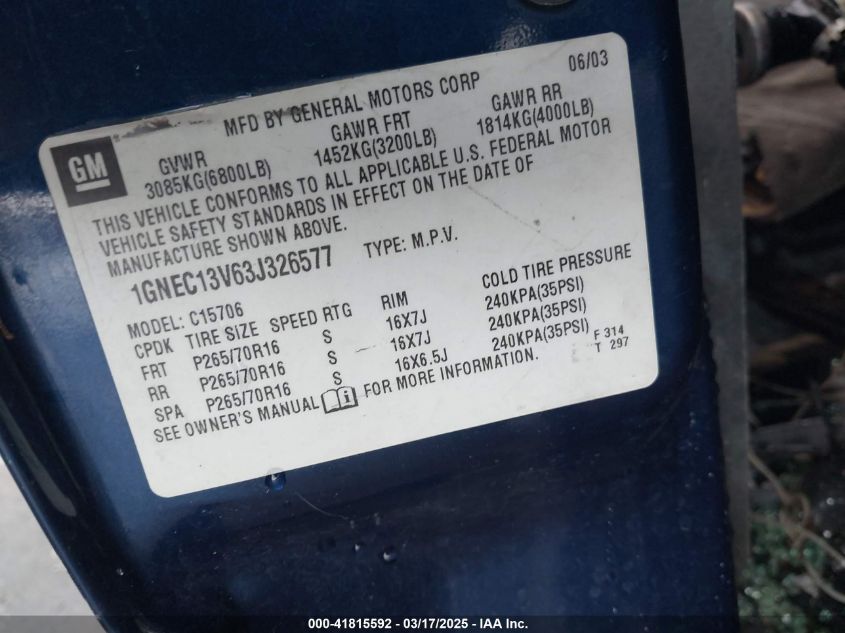 2003 Chevrolet Tahoe Ls VIN: 1GNEC13V63J326577 Lot: 41815592