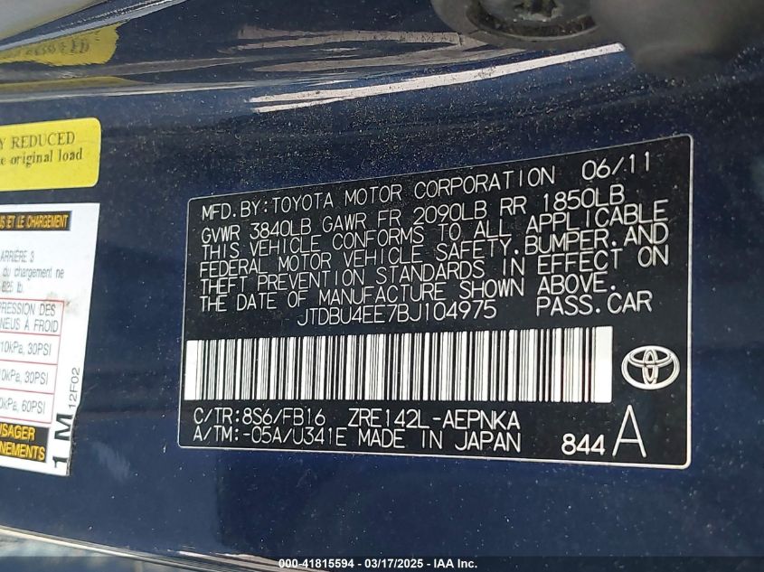 2011 Toyota Corolla Le VIN: JTDBU4EE7BJ104975 Lot: 41815594