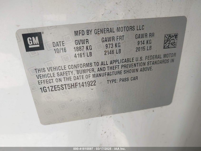 2017 CHEVROLET MALIBU VIN: 1G1ZE5ST5HF141922