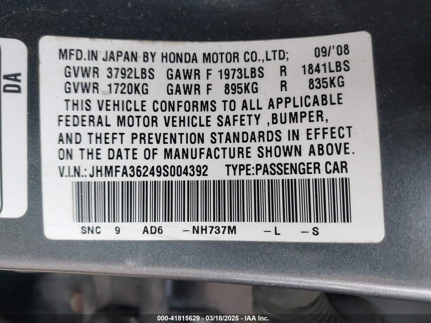 2009 HONDA CIVIC HYBRID VIN: JHMFA36249S004392