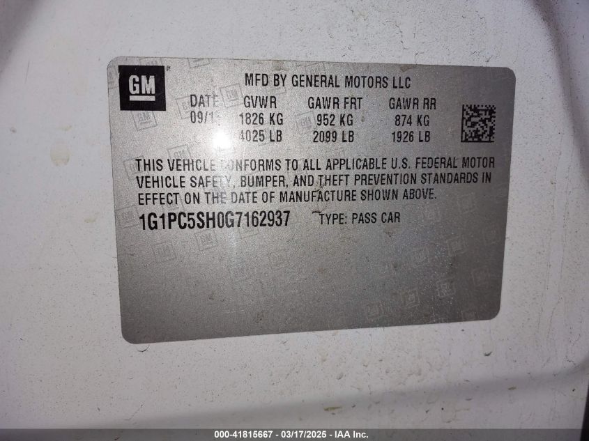 2016 Chevrolet Cruze Limited Ls Auto VIN: 1G1PC5SH0G7162937 Lot: 41815667