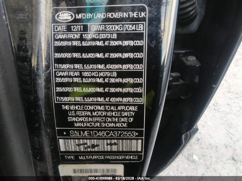 2012 Land Rover Range Rover Hse VIN: SALME1D46CA372553 Lot: 41815669