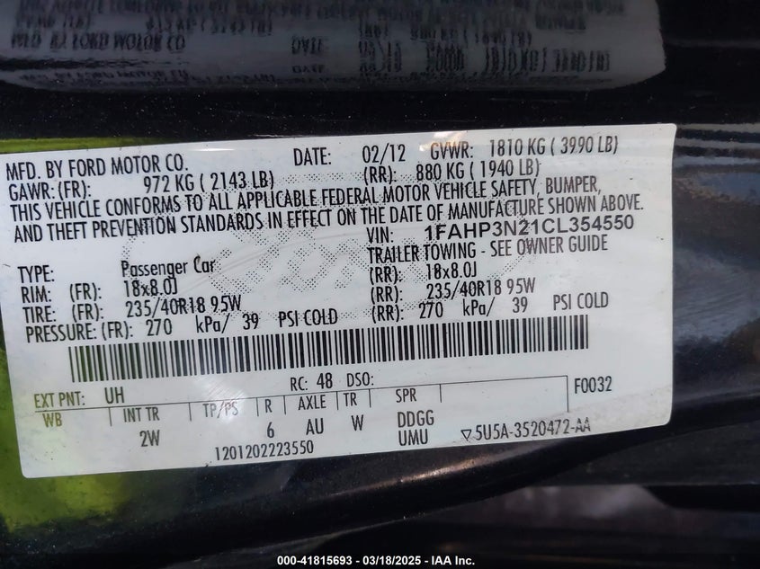 2012 FORD FOCUS VIN: 1FAHP3N21CL354550