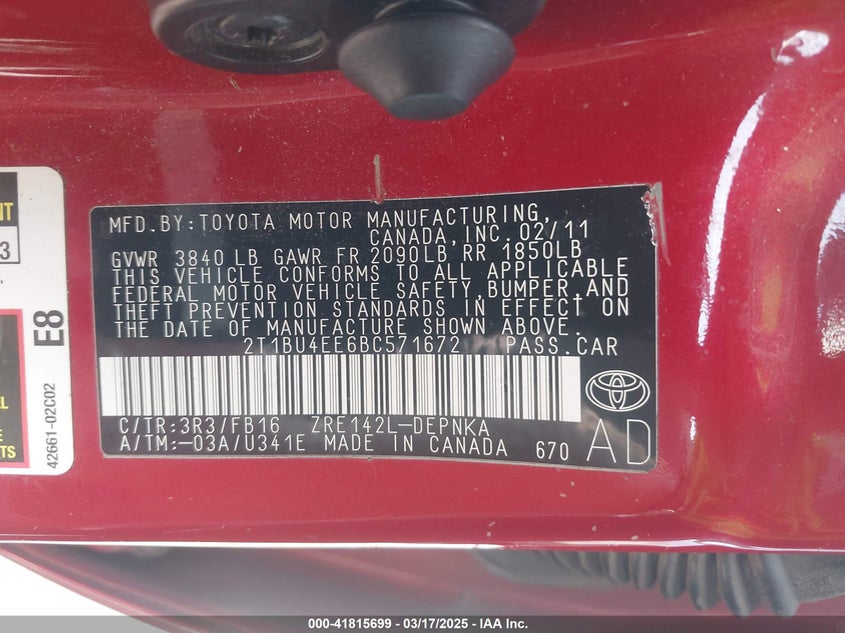 2011 TOYOTA COROLLA VIN: 2T1BU4EE6BC571672