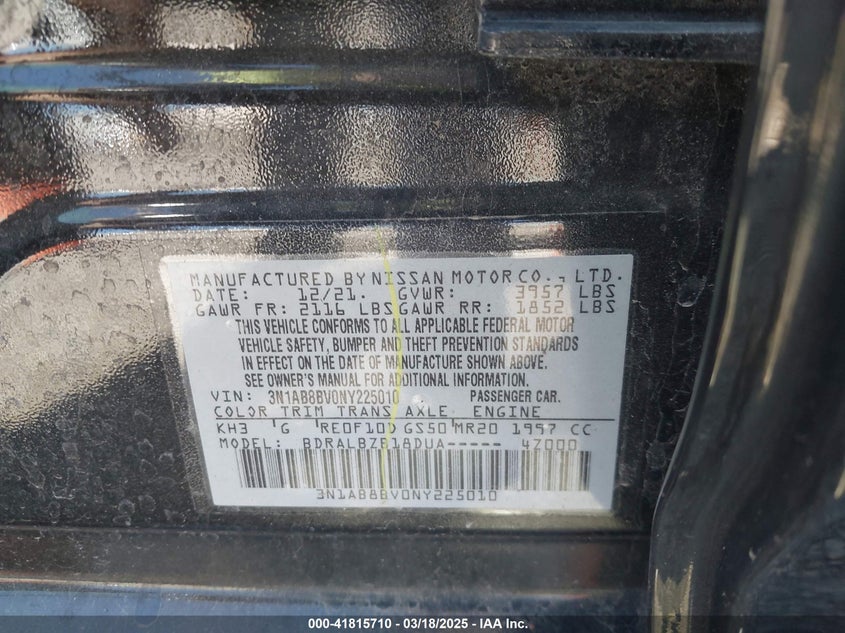 2022 NISSAN SENTRA VIN: 3N1AB8BV0NY225010