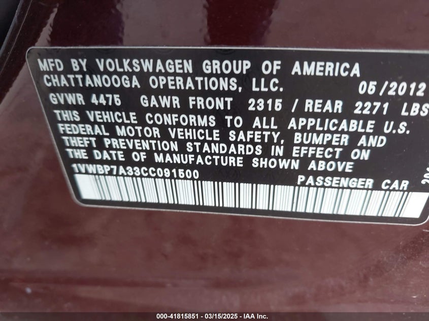 2012 VOLKSWAGEN PASSAT VIN: 1VWBP7A33CC091500