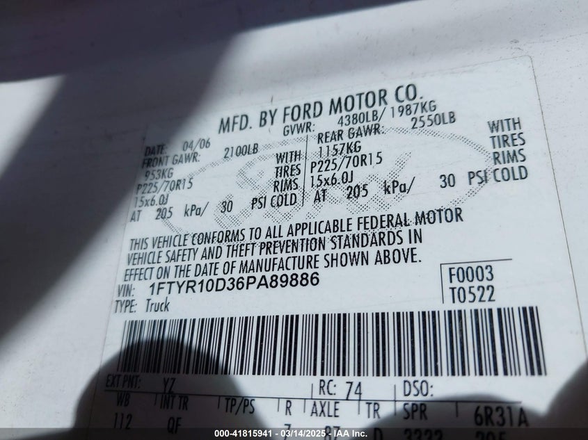 2006 FORD RANGER VIN: 1FTYR10D36PA89886