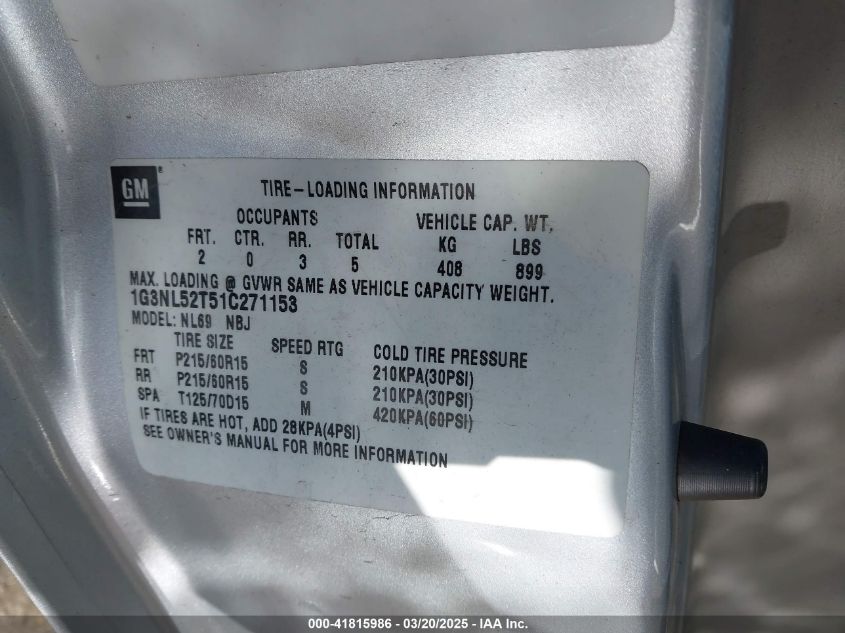 2001 Oldsmobile Alero Gl1 VIN: 1G3NL52T51C271153 Lot: 41815986