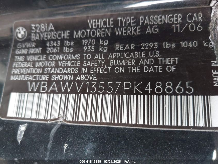 2007 BMW 328I VIN: WBAWV13557PK48865 Lot: 41815989