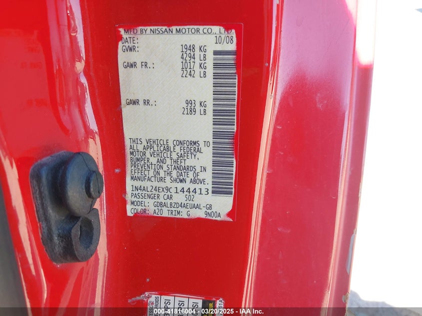 2009 NISSAN ALTIMA VIN: 1N4AL24EX9C144413