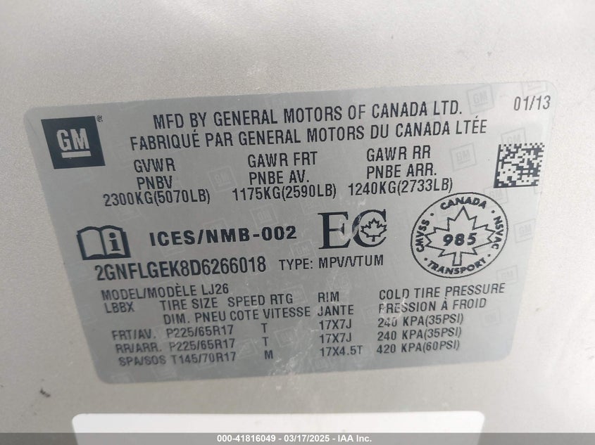 2013 CHEVROLET EQUINOX VIN: 2GNFLGEK8D6266018