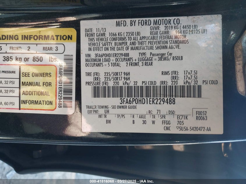 2014 FORD FUSION VIN: 3FA6P0HD1ER229488