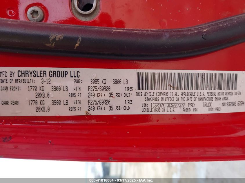 2012 Ram 1500 St VIN: 1C6RD7KT3CS227372 Lot: 41816084