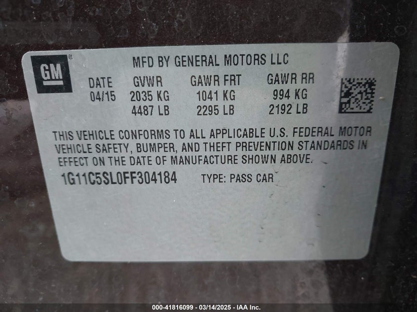 2015 CHEVROLET MALIBU VIN: 1G11C5SL0FF304184